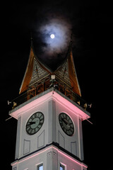 Close-up of Jam Gadang or Clock Tower in the night at Bukittinggi City, West Sumatera