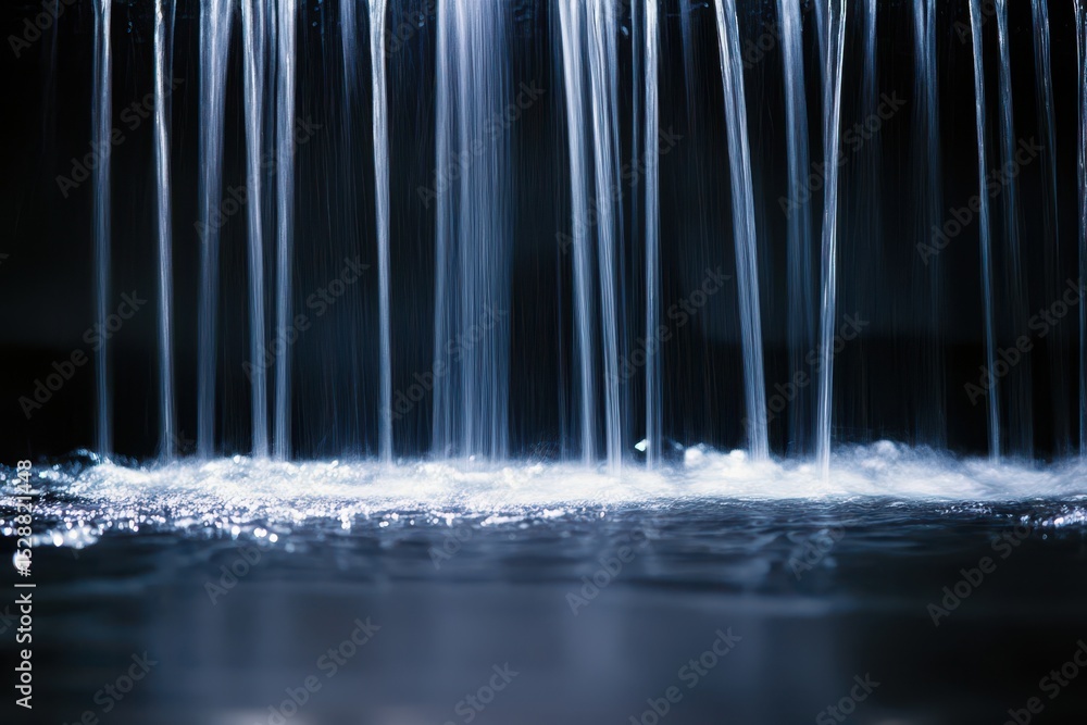 Poster animated water cascading with shimmering details against a dark backdrop, animated water falling on 