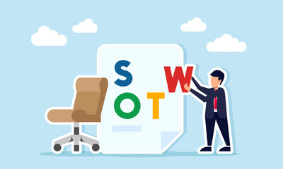 businessman arranging SWOT text on a paper near office chair illustration of research and analysis of business project work