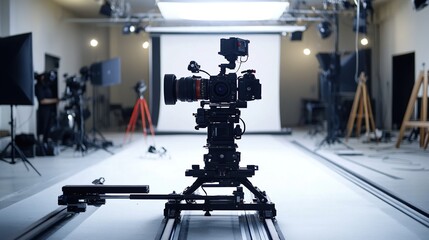 A professional film camera on a motorized slider in a studio setting, surrounded by lighting equipment and crew members preparing for a shoot