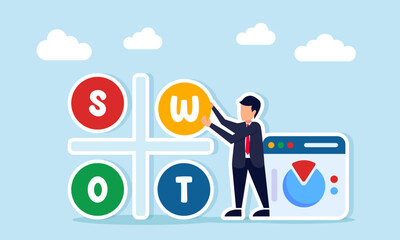businessman near app interface displaying pie chart data assembling SWOT puzzle illustration of business performance research and analysis