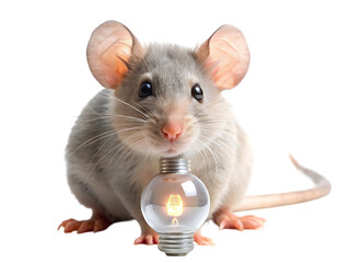 Grey Mouse Holding Light Bulb:  Rodent, Animal, Illumination Concept