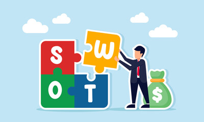 businessman near money bag assembling SWOT puzzle illustration of business financial management research and analysis