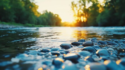 Fototapeta premium Gentle yoga practice on a peaceful riverbank, the water reflecting warm sunrise hues