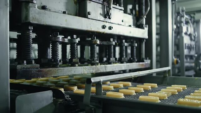 Low Angle View of Mechanical Candy Machine In Factory Conveyor Belt System