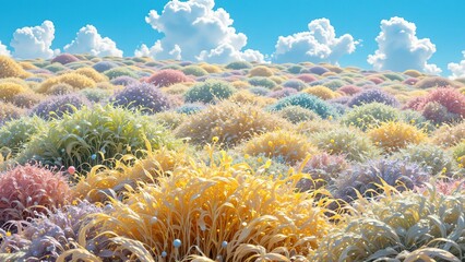 Colorful Landscape of Vibrant Grass and Lush Flora Under Blue Sky