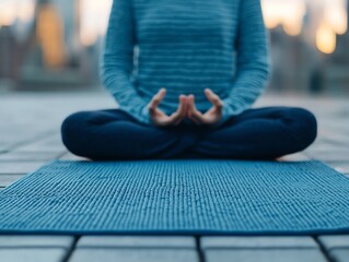 Urban rooftop yoga session at dawn, overlooking the city skyline awakening