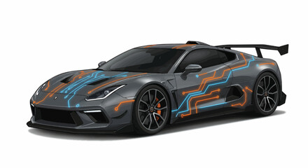 Grey Sports Car with Futuristic Circuit Board Pattern Wrap