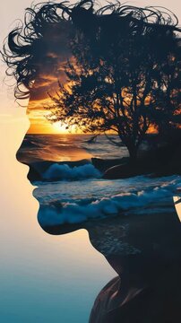 A captivating double exposure image showcasing a man's profile intertwined with nature elements, featuring a sunset over the ocean and a tree silhouette. Perfect for creative projects.