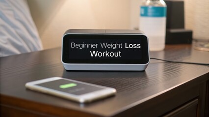 Beginner loss weight concept. Digital clock displaying "Beginner Weight Loss Workout" beside a smartphone on a wooden nightstand.