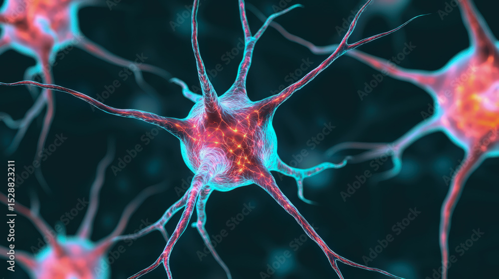 Poster a glowing neuron with branching dendrites, highlighting neural connections in the brain against a da