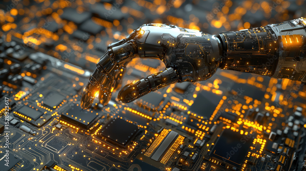 Poster a robotic hand interacts with a glowing circuit board, symbolizing advanced technology and artificia