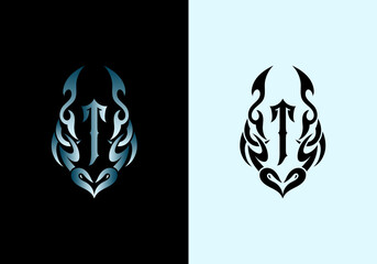 Mystical T Letter Logo Design Tribal Tattoo Concept