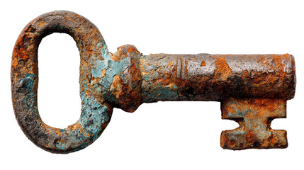 an old rusty key close-up. isolated, transparent background
