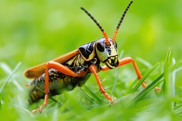 Closeup of a Gryllidae insect in vibrant green grass on a sunny summer day, Close-up of a Gryllidae in the grass in summer