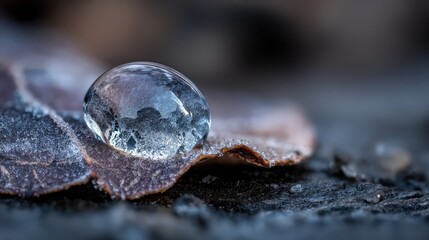 Close-Up View of Water Droplet on a Leaf with Frosty Surface