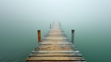 Fototapeta premium Serene wooden pier extending into a foggy lake, creating a tranquil and atmospheric scene.