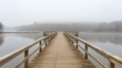Obraz premium Long wooden pier stretching into a misty lake, creating a serene and mysterious atmosphere