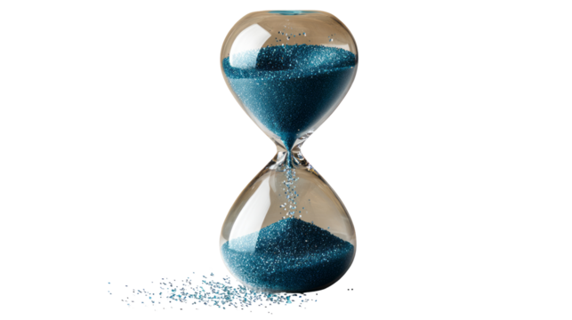 a clear hourglass with blue sand running. isolated, transparent background