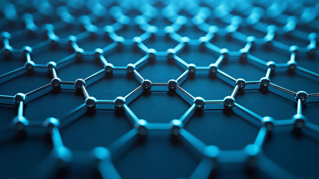 3D abstract representation of a graphene nanostructure, highlighting a hexagonal carbon lattice in cool blue tones