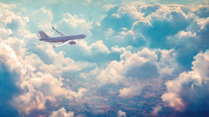 Naklejka premium Travel background. Airplane in the sky. Stickers collage. The concept of flight and vacation.