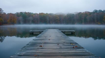 Long wooden pier extending into a foggy lake at dawn, evoking a tranquil and serene atmosphere