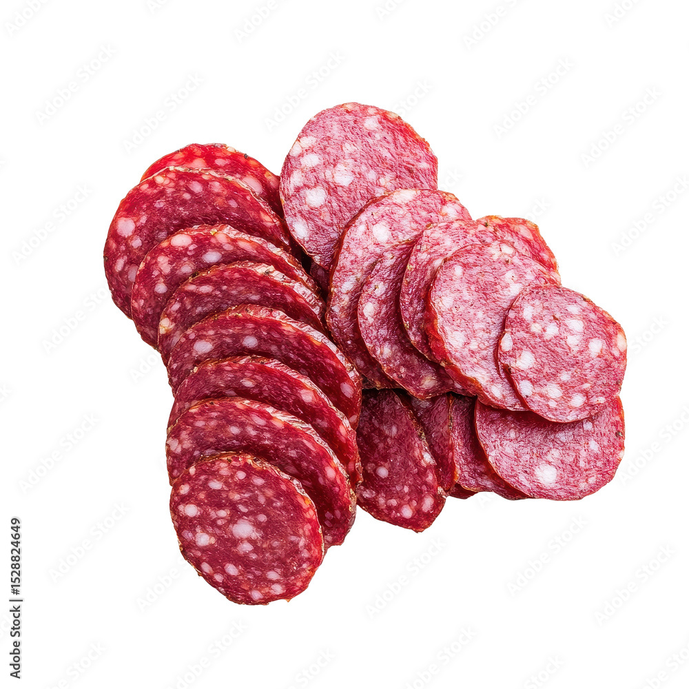 Poster sliced salami arranged in neat portions on a transparent background for culinary presentation, zucch