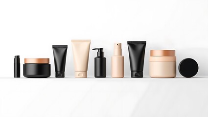 Elegant Cosmetic Packaging Mockup Black and Beige Tubes, Jars, and Bottles