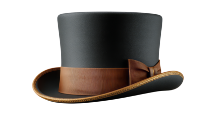 elegant top hat with a leather band and bow tie isolated, transparent background