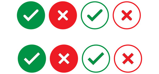 Set of tick mark in green and cross mark in red colour and stroke with white background, check and cross mark icon set. checkmark and x mark icon use for apps and website. checkmark, icon, vector.