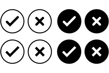 Set of tick mark and cross mark isolated in black colour and stroke with white background, check and cross mark icon set. checkmark and x mark icon use for apps and website. checkmark, icon, vector.
