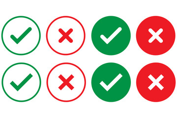Set of tick mark in green and cross mark in red colour and stroke with white background, check and cross mark icon set. checkmark and x mark icon use for apps and website. checkmark, icon, vector.