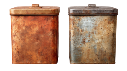 vintage metal boxes with rusted texture isolated, transparent background
