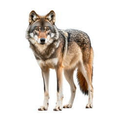 Fototapeta premium Wolf stands alert in a pristine setting against a Transparent background showcasing its majestic features and striking fur, wolf standing isolated on PNG background