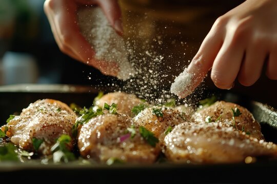 Woman preparing seasoned chicken for baking in an oven in a cozy kitchen setting, Woman salt and pepper chicken for baking in the oven in the kitchen