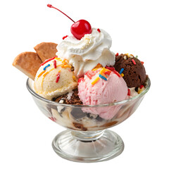 Ice cream sundae in a glass bowl isolated on a transparent background
