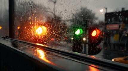 Rainy Evening View Through Glass with Traffic Lights and Reflections
