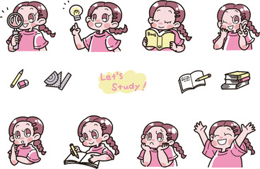 勉強をしている女の子の色々な表情のイラストセット