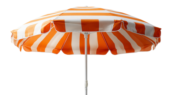 a beach umbrella with orange and white stripes isolated, transparent background