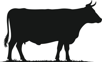 Detailed Cow Silhouette Vector Illustration Standing on Grass, Perfect for Farm Animal Designs and Agricultural Concepts