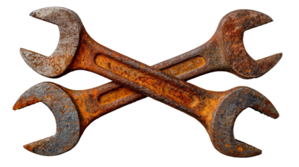 rusty wrenches crossed each other isolated, transparent background