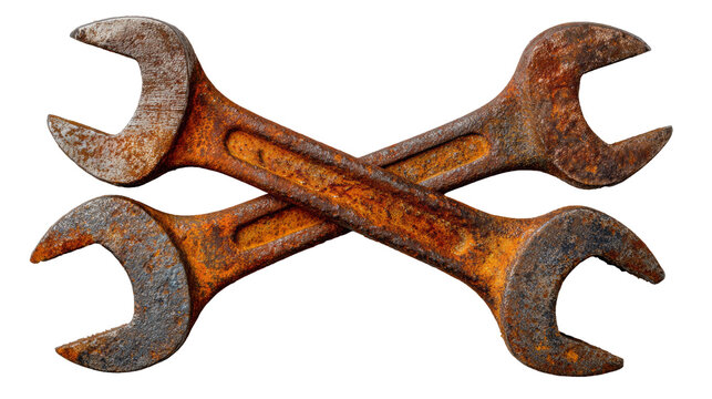 rusty wrenches crossed each other isolated, transparent background