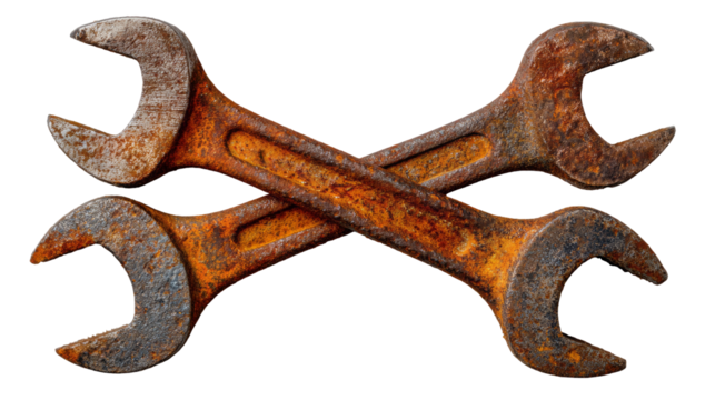 rusty wrenches crossed each other isolated, transparent background