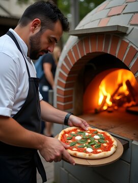 Chef preparing pizza in a wood-fired oven at a street food festival