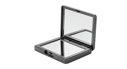 A square black compact mirror is open showing the two reflective surfaces on a black background