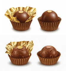 Set of Realistic Chocolate Pralines with Hazelnuts and Gold Foil