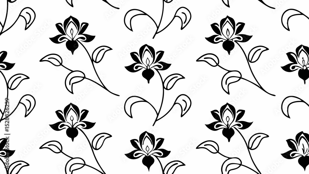 Poster seamless pattern of stylized black flowers with stems and leaves on a white background design art cr