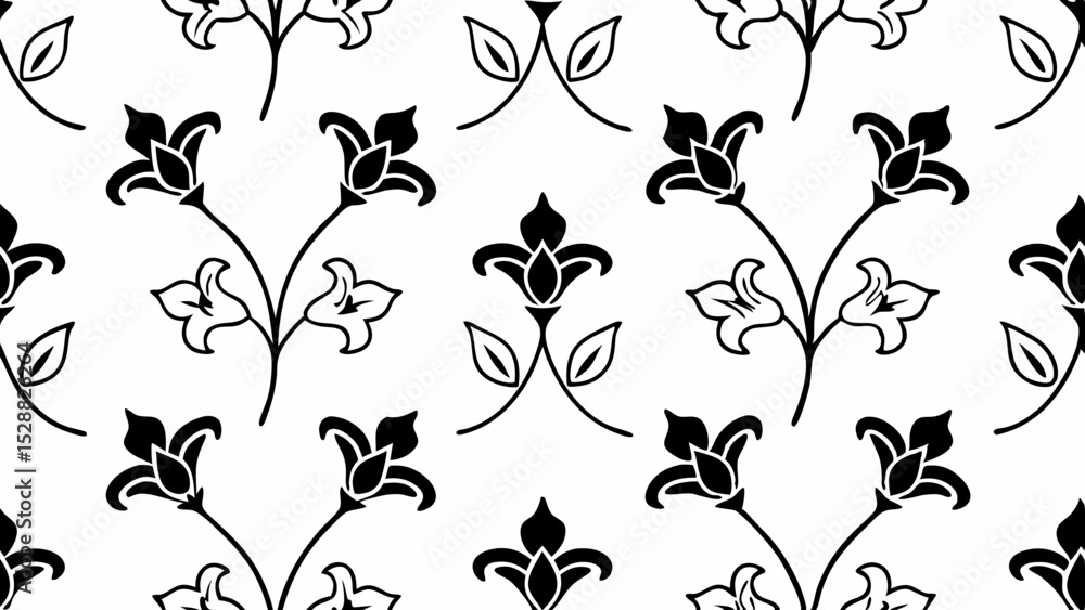Poster seamless pattern featuring stylized black flowers and leaves on a white background design element cr