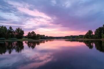 Serene Evening Lake Landscape with Purple and Pink Reflections