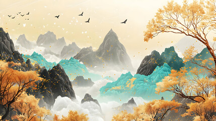 Autumn Mountain Landscape With Golden Trees And Teal Mist